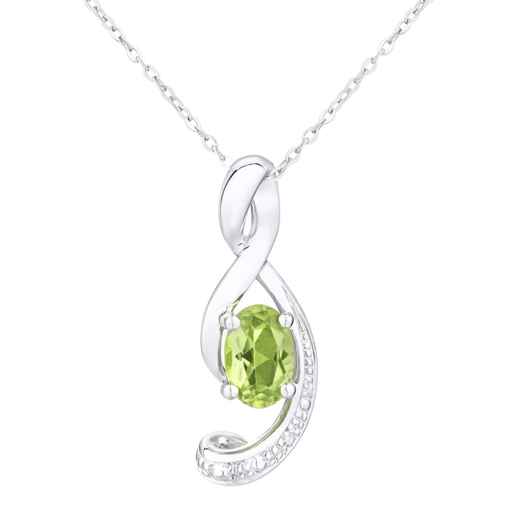 SPARKLD 9ct White Gold Oval Peridot and 0.005ct Diamond Pendant Necklace