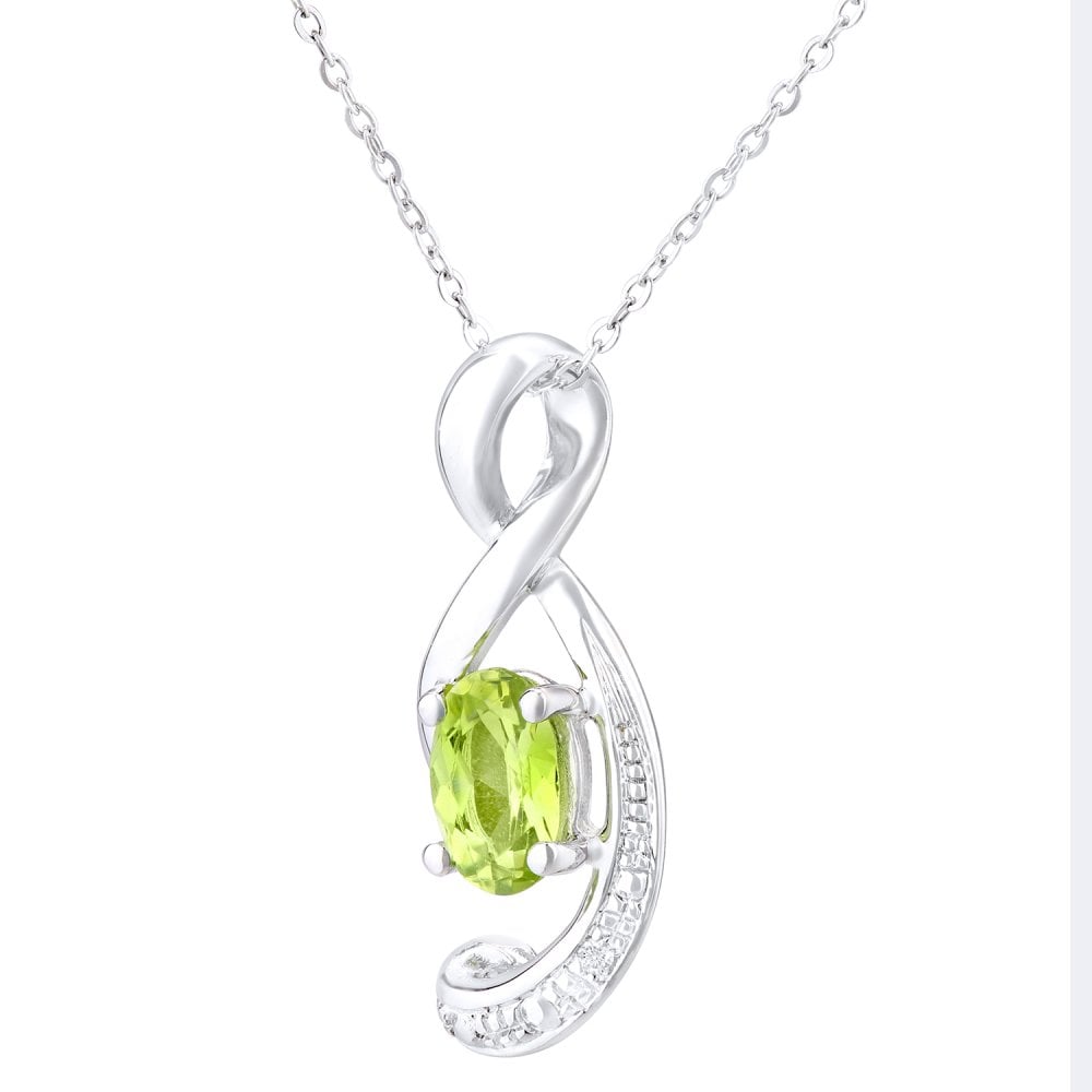 SPARKLD 9ct White Gold Oval Peridot and 0.005ct Diamond Pendant Necklace
