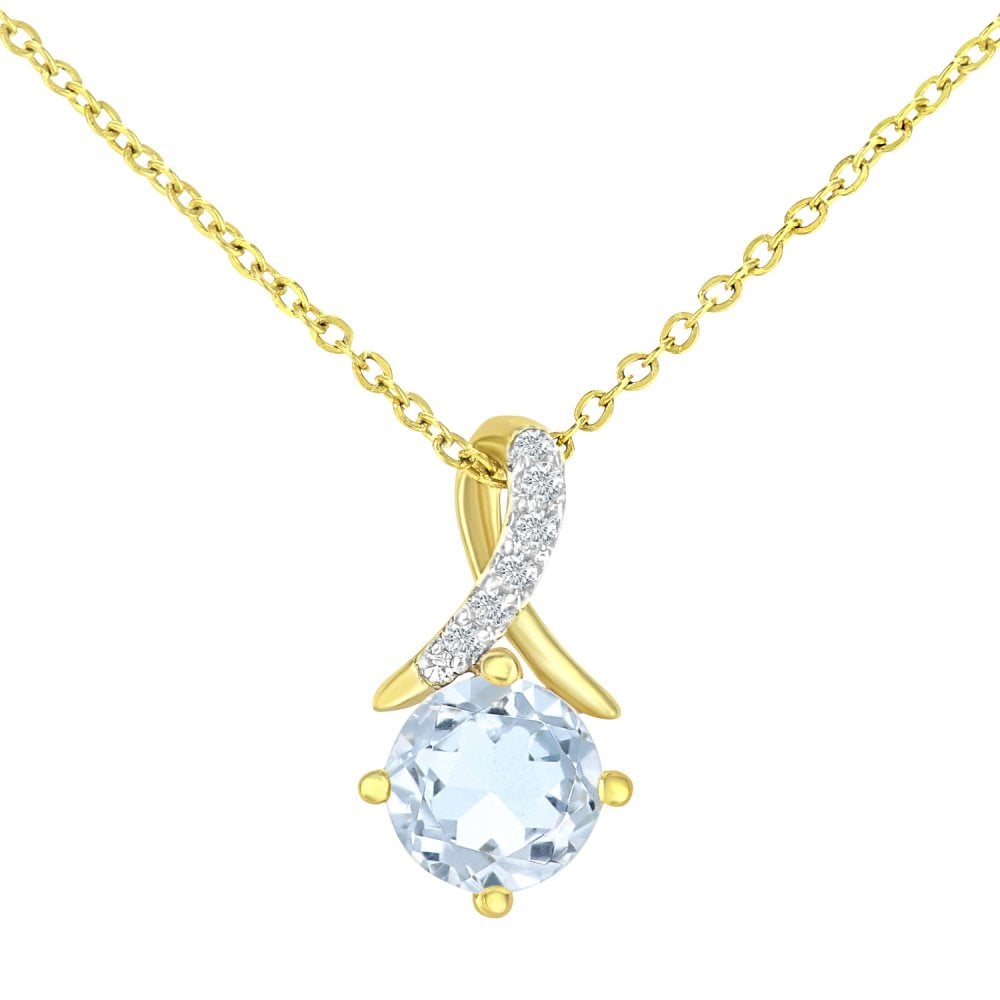 SPARKLD 9ct Yellow Gold Round Blue Topaz and 0.02ct Diamond Twist Pendant Necklace