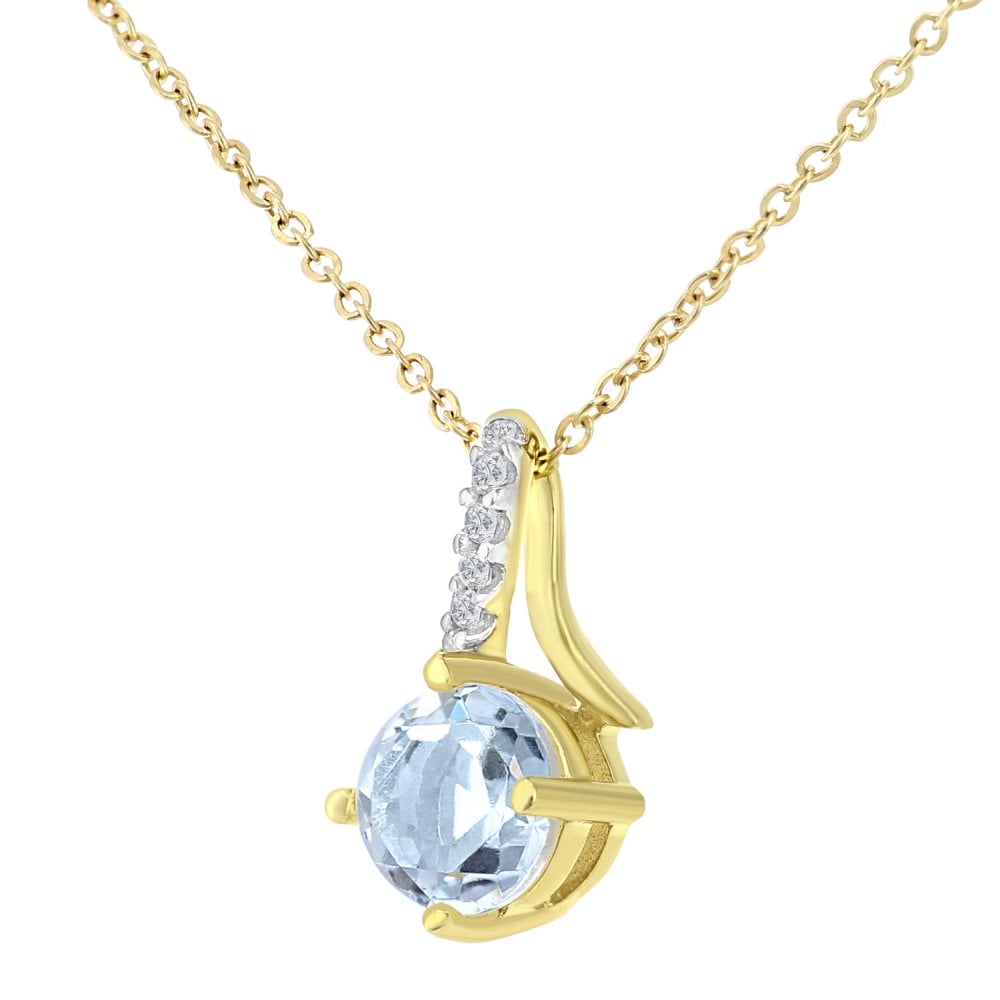 SPARKLD 9ct Yellow Gold Round Blue Topaz and 0.02ct Diamond Twist Pendant Necklace
