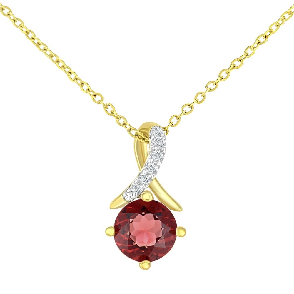 SPARKLD 9ct Yellow Gold Round Garnet and 0.02ct Diamond Twist Pendant Necklace