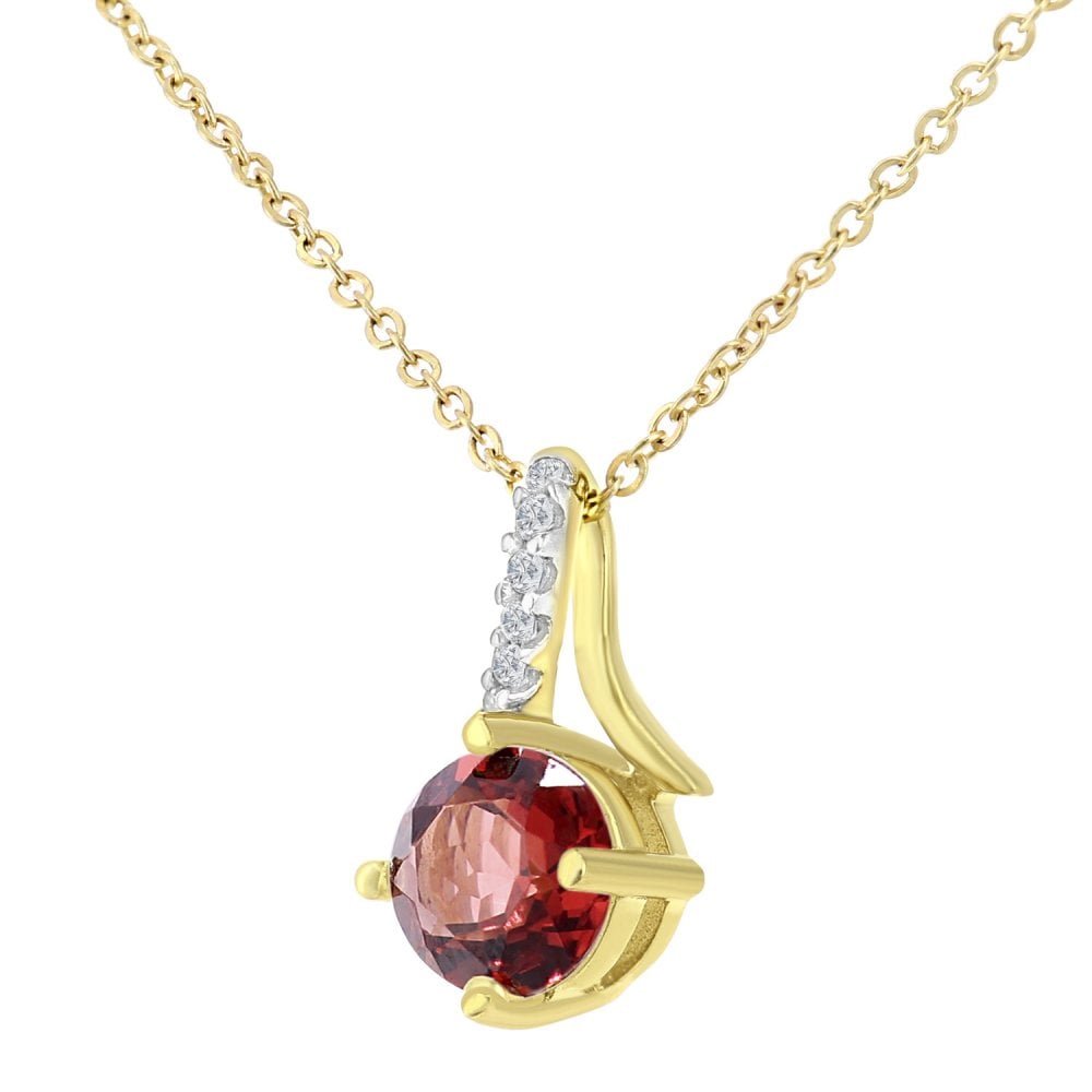 SPARKLD 9ct Yellow Gold Round Garnet and 0.02ct Diamond Twist Pendant Necklace