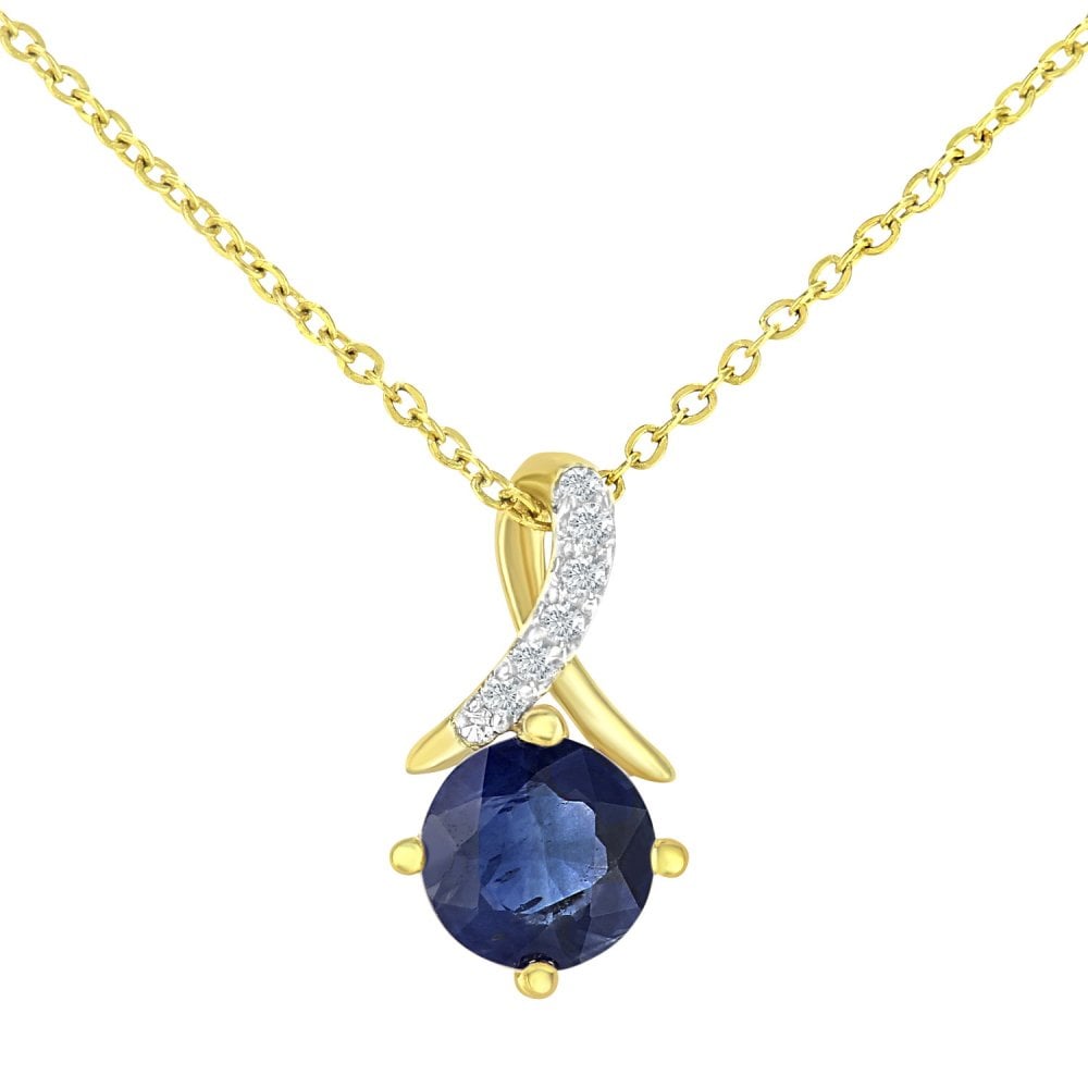 SPARKLD 9ct Yellow Gold Round Sapphire and 0.02ct Diamond Twist Pendant Necklace