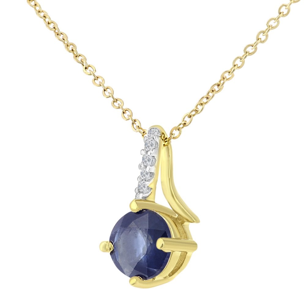 SPARKLD 9ct Yellow Gold Round Sapphire and 0.02ct Diamond Twist Pendant Necklace