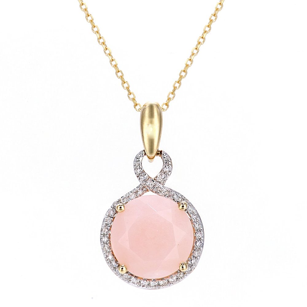 SPARKLD 9ct Yellow Gold Pink Opal and 0.08ct Diamond Pendant Necklace