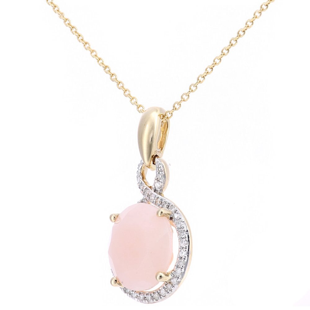 SPARKLD 9ct Yellow Gold Pink Opal and 0.08ct Diamond Pendant Necklace
