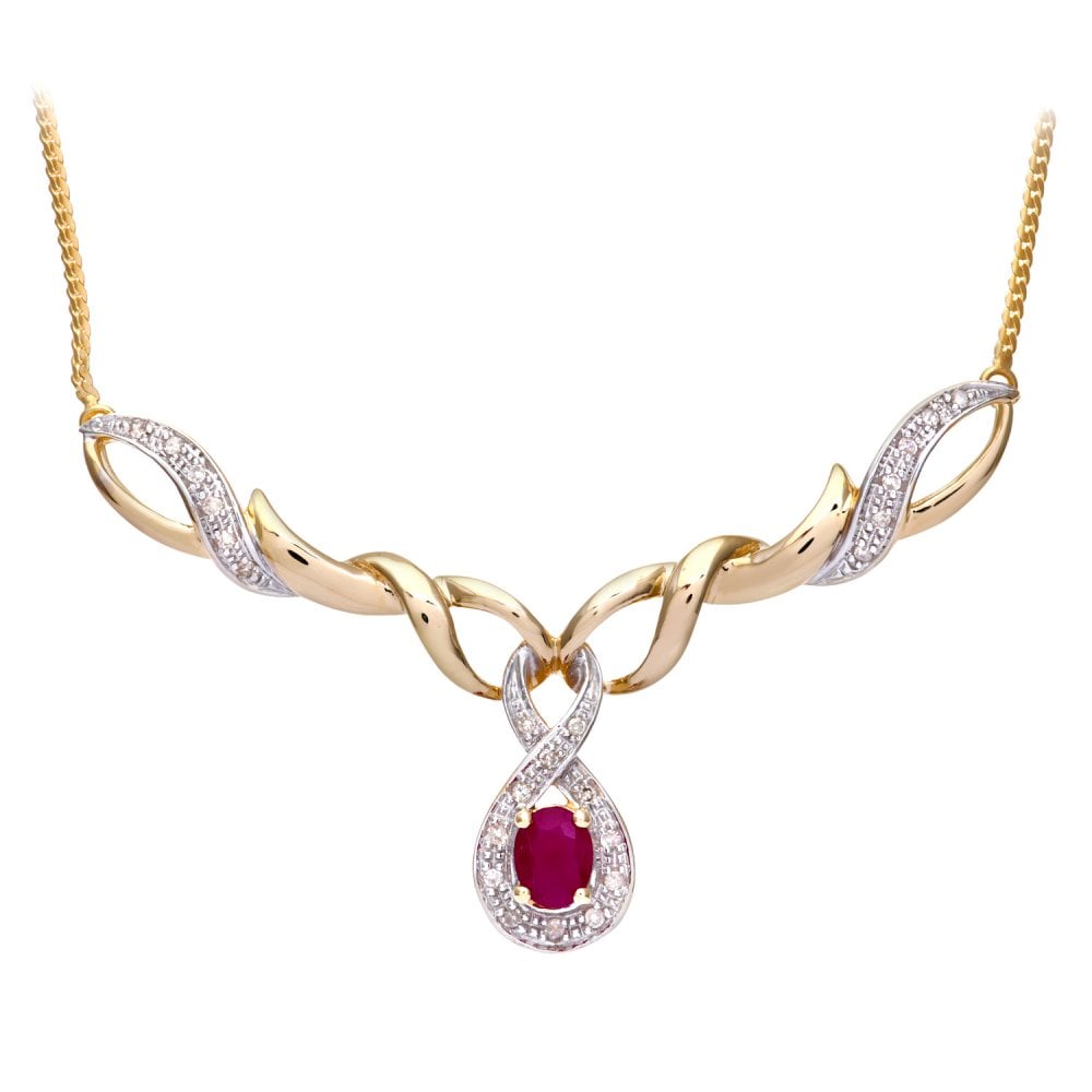 SPARKLD 9ct Yellow Gold 0.10ct Diamond and Ruby Necklace prong Set, Herringbone Chain, 46 cm Length