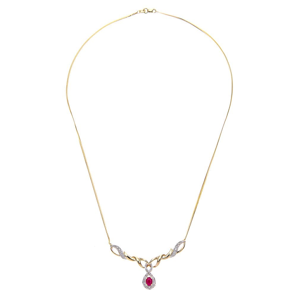 SPARKLD 9ct Yellow Gold 0.10ct Diamond and Ruby Necklace prong Set, Herringbone Chain, 46 cm Length