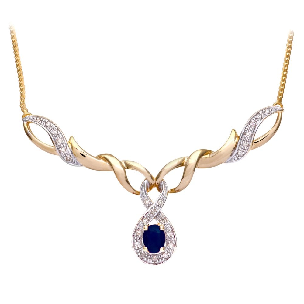 SPARKLD 9ct Yellow Gold 0.10ct Diamond and Sapphire Necklace 45.5 cm