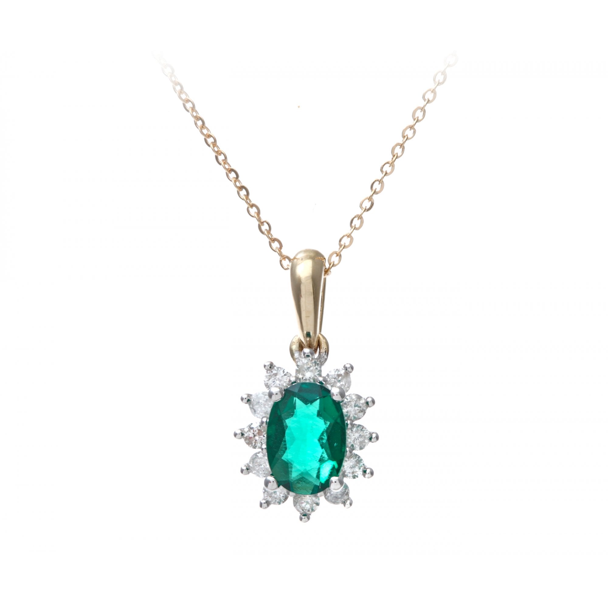 SPARKLD 9ct Yellow Gold Emerald and 0.25ct Diamond Cluster Pendant Necklace