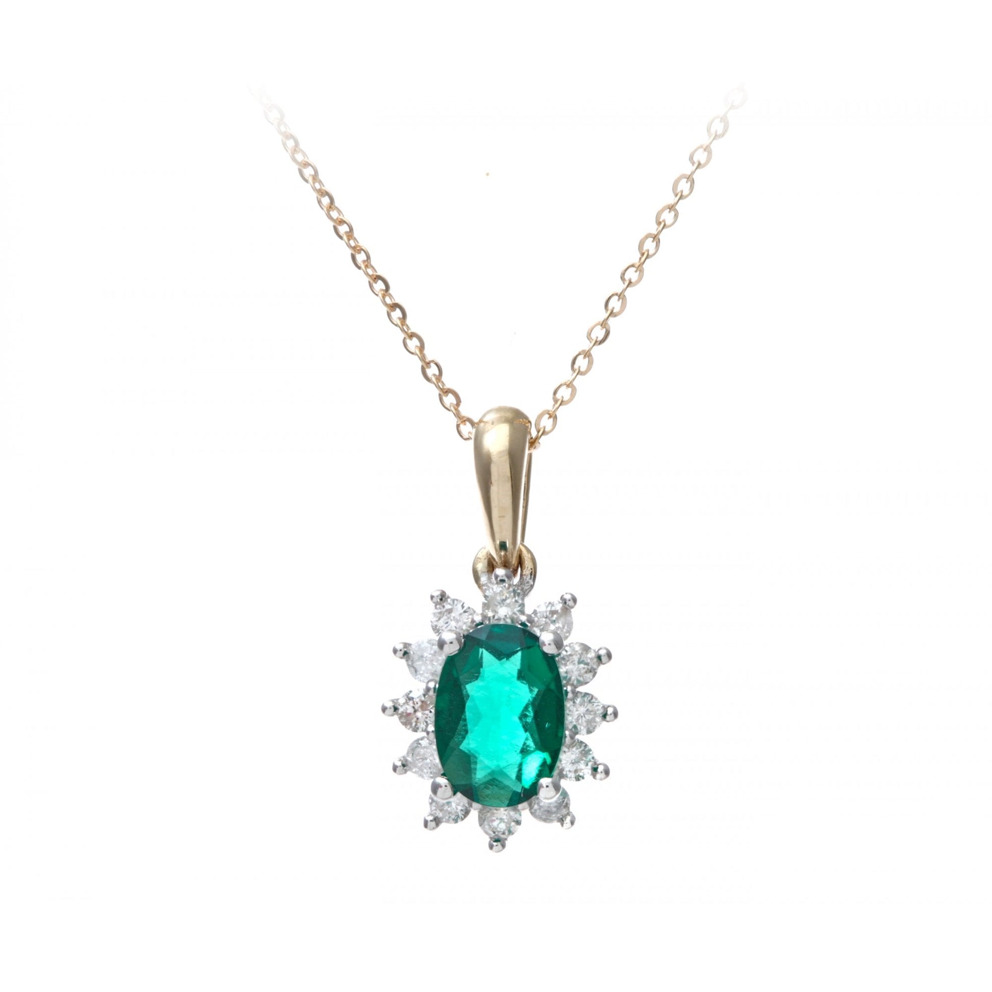 SPARKLD 9ct Yellow Gold Emerald and 0.25ct Diamond Cluster Pendant Necklace