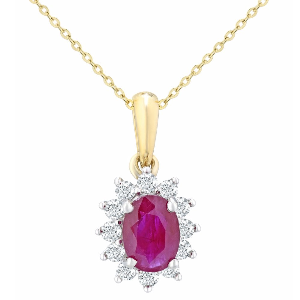 SPARKLD 9ct Yellow Gold Ruby and 0.25ct Diamond Cluster Pendant Necklace