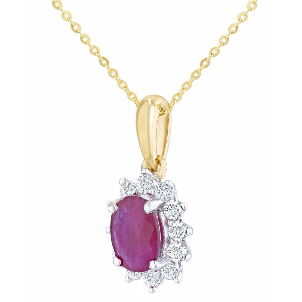 SPARKLD 9ct Yellow Gold Ruby and 0.25ct Diamond Cluster Pendant Necklace