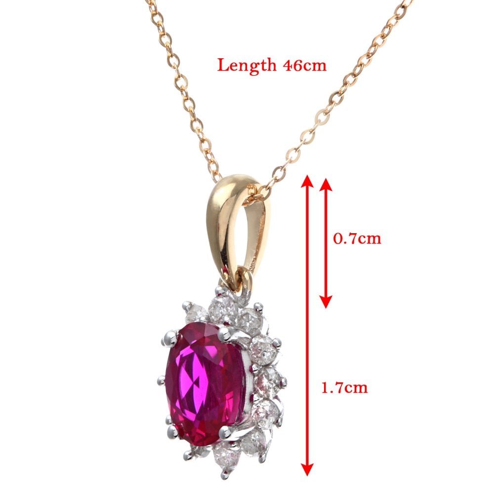 SPARKLD 9ct Yellow Gold Ruby and 0.25ct Diamond Cluster Pendant Necklace