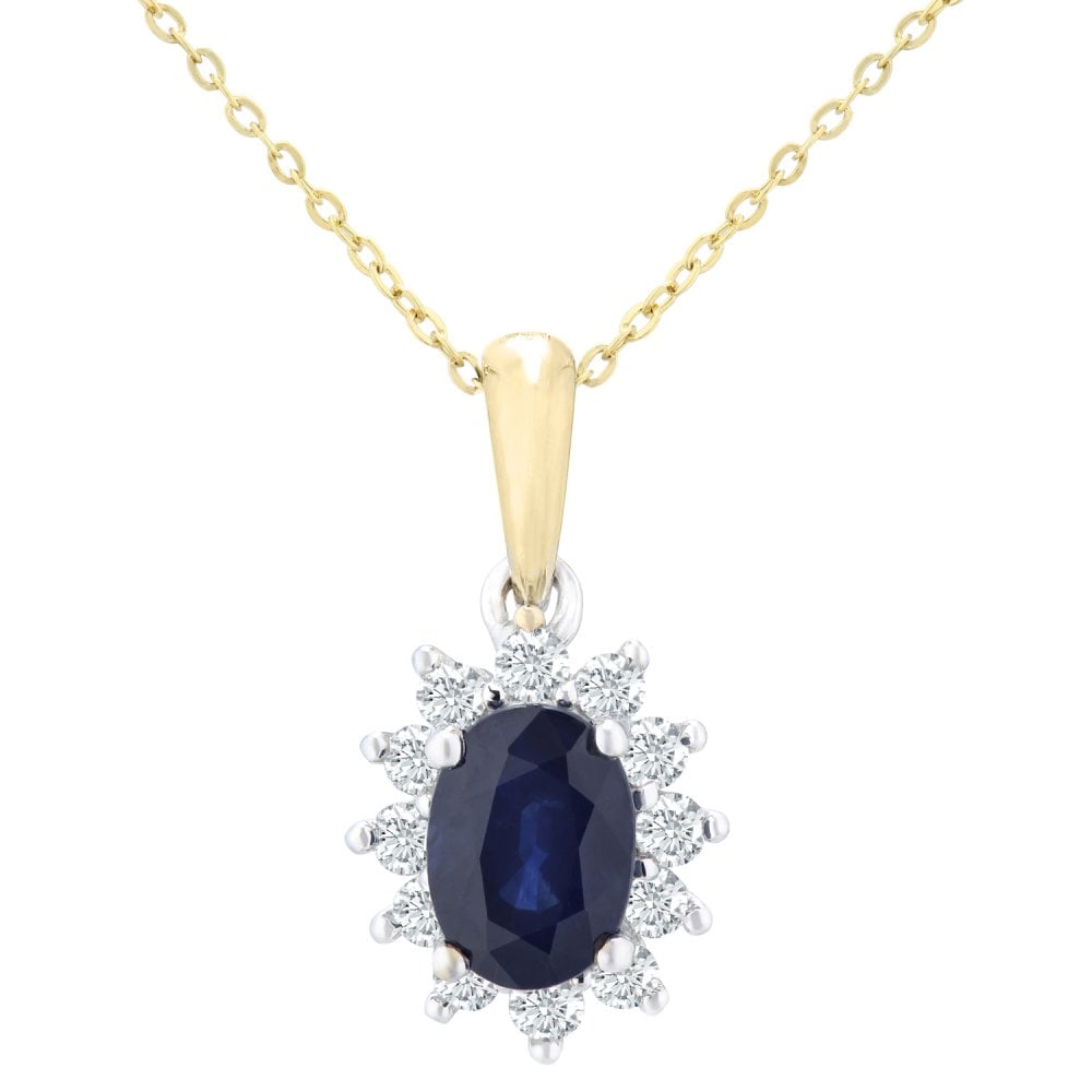 SPARKLD 9ct Yellow Gold Sapphire and 0.25ct Diamond Cluster Pendant Necklace