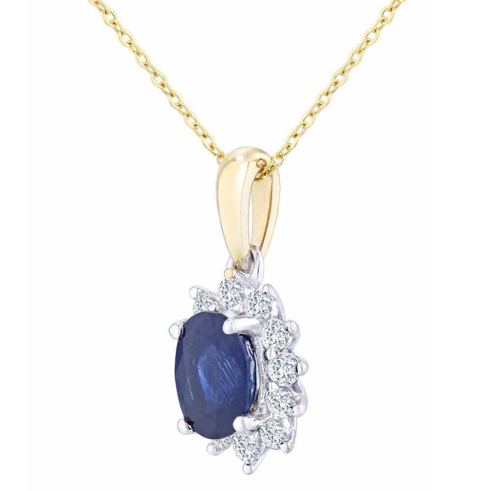 SPARKLD 9ct Yellow Gold Sapphire and 0.25ct Diamond Cluster Pendant Necklace