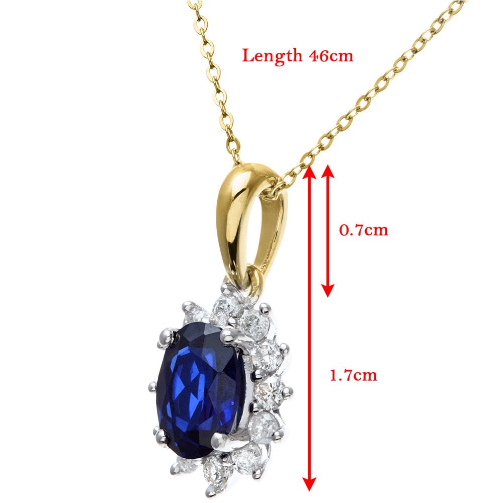 SPARKLD 9ct Yellow Gold Sapphire and 0.25ct Diamond Cluster Pendant Necklace