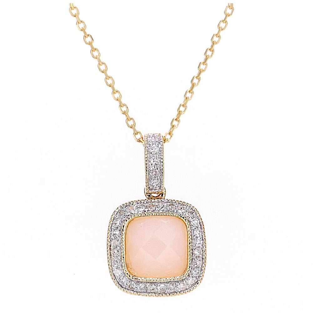 SPARKLD 9ct Yellow Gold Square Pink Opal and 0.10ct Diamond Pendant Necklace