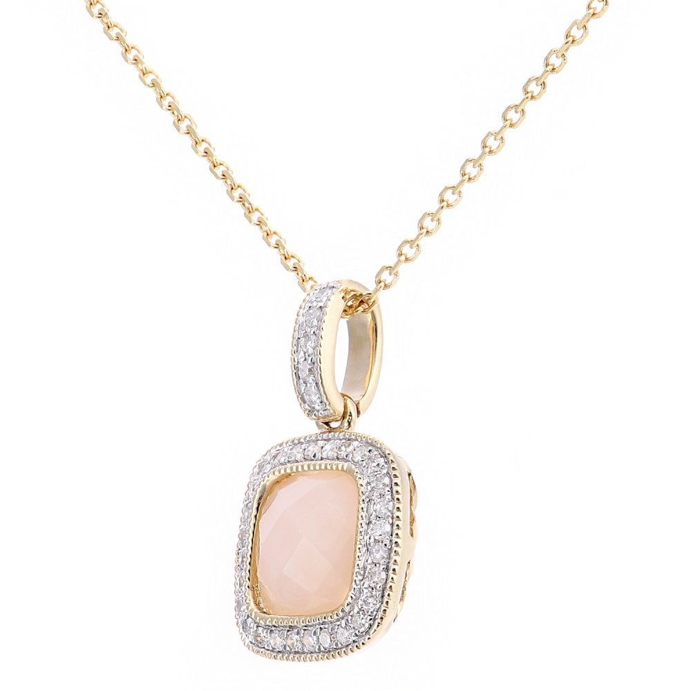 SPARKLD 9ct Yellow Gold Square Pink Opal and 0.10ct Diamond Pendant Necklace