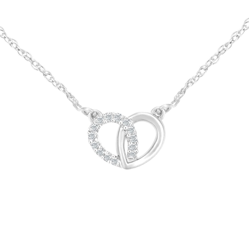 SPARKLD 9ct White Gold 0.05ct Diamond Linked Hearts Necklace of Length 42cm