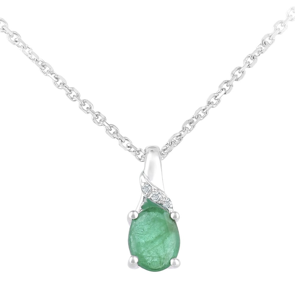 SPARKLD 9ct White Gold Emerald and 0.01ct Diamond Oval Gemstone Pendant Necklace of Length 40cm