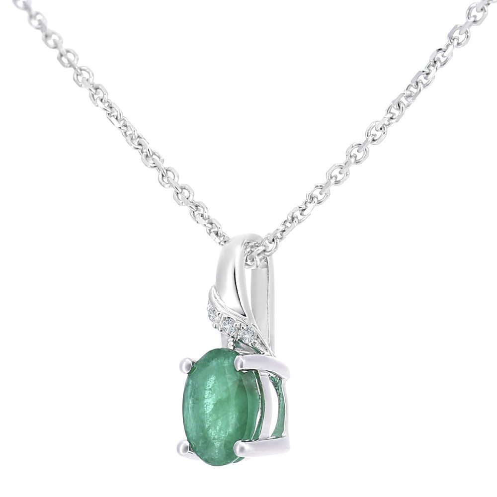 SPARKLD 9ct White Gold Emerald and 0.01ct Diamond Oval Gemstone Pendant Necklace of Length 40cm