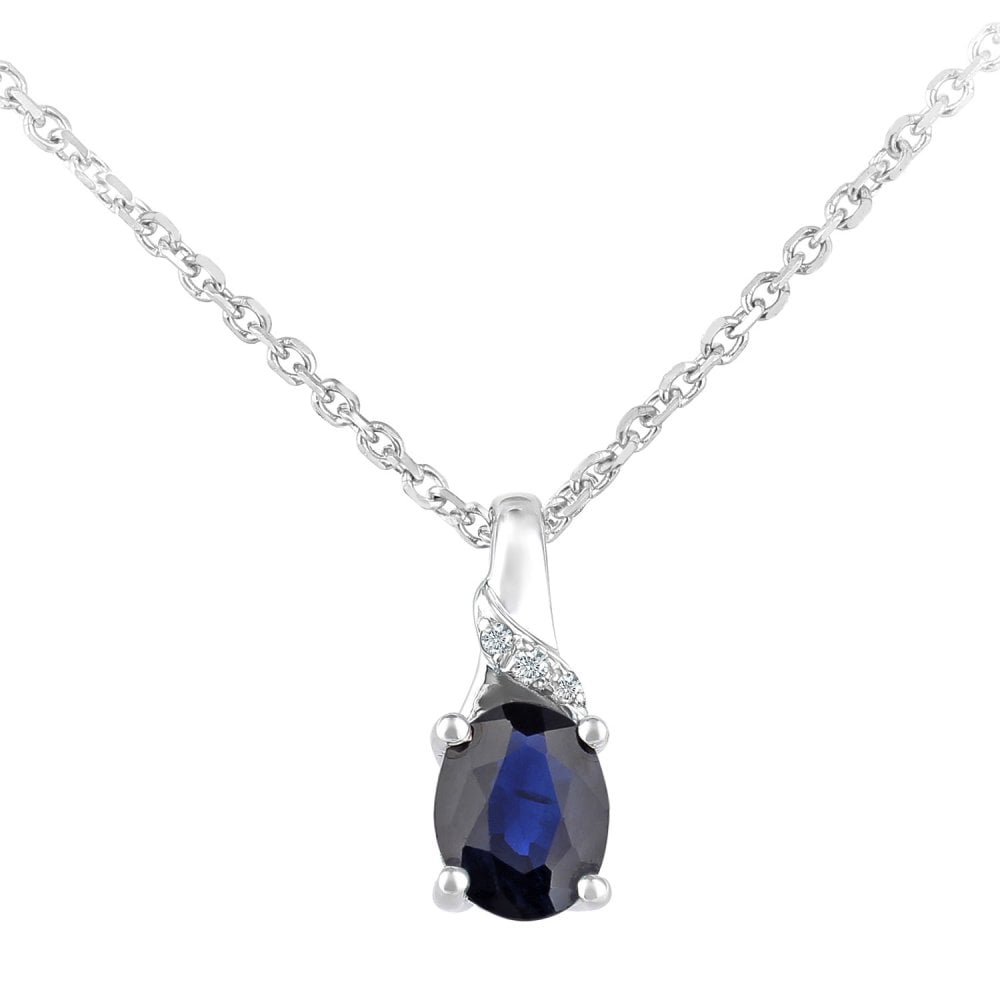 SPARKLD 9ct White Gold Sapphire and 0.01ct Diamond Oval Gemstone Pendant Necklace of Length 40cm