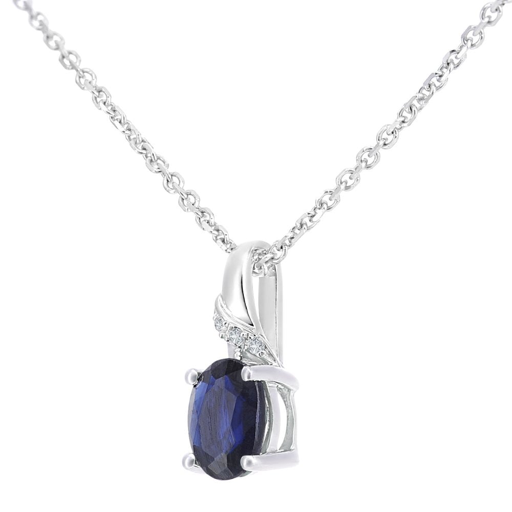 SPARKLD 9ct White Gold Sapphire and 0.01ct Diamond Oval Gemstone Pendant Necklace of Length 40cm