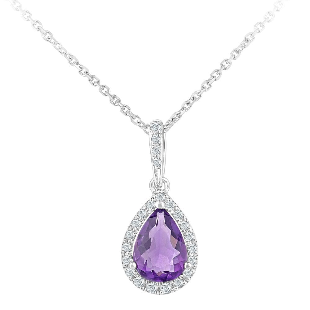 SPARKLD 9ct White Gold 0.08ct Diamond and Amethyst Teardrop Pendant Necklace of Length 40cm