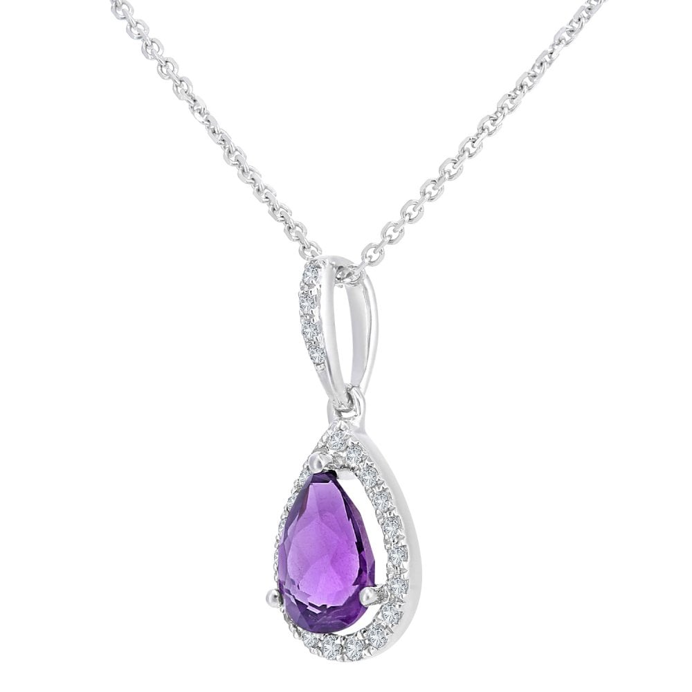 SPARKLD 9ct White Gold 0.08ct Diamond and Amethyst Teardrop Pendant Necklace of Length 40cm