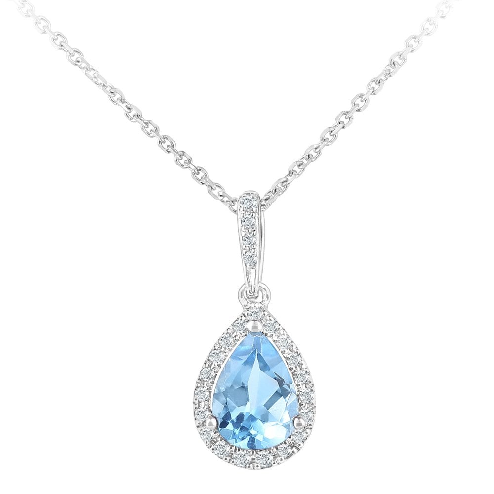 SPARKLD 9ct White Gold 0.08ct Diamond and Blue Topaz Teardrop Pendant Necklace of Length 40cm
