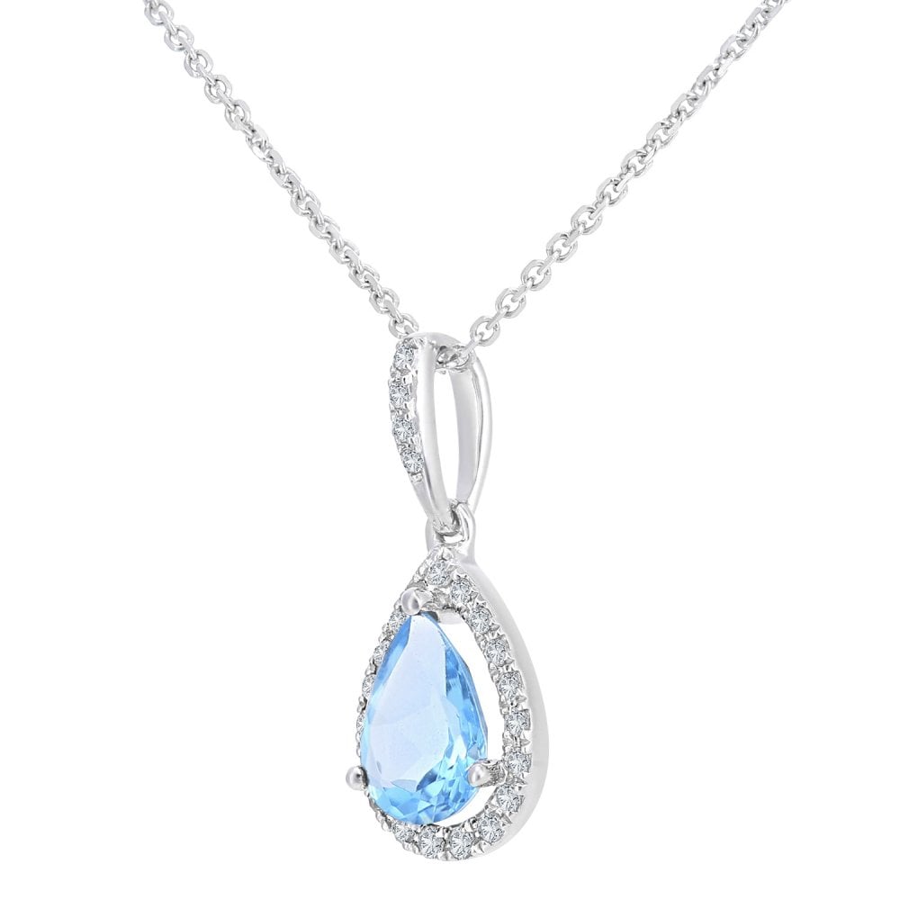 SPARKLD 9ct White Gold 0.08ct Diamond and Blue Topaz Teardrop Pendant Necklace of Length 40cm