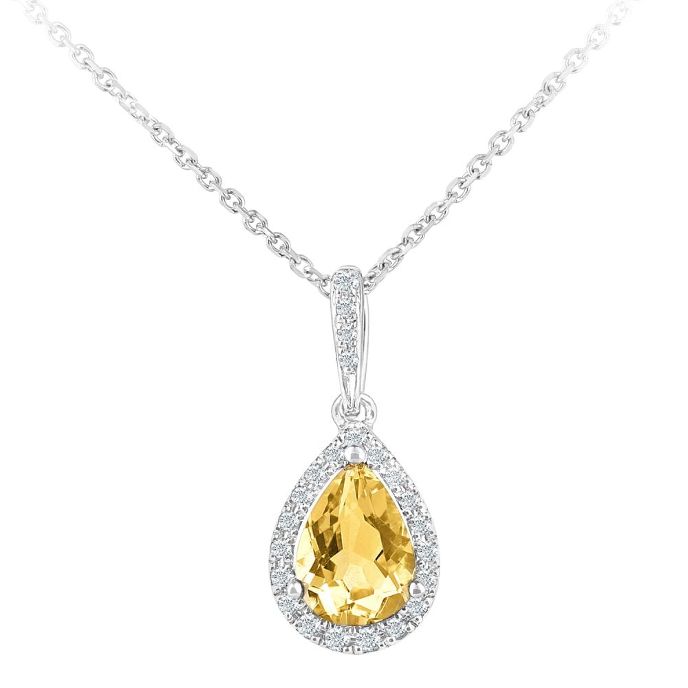 SPARKLD 9ct White Gold 0.08ct Diamond and Citrine Teardrop Pendant Necklace of Length 40cm