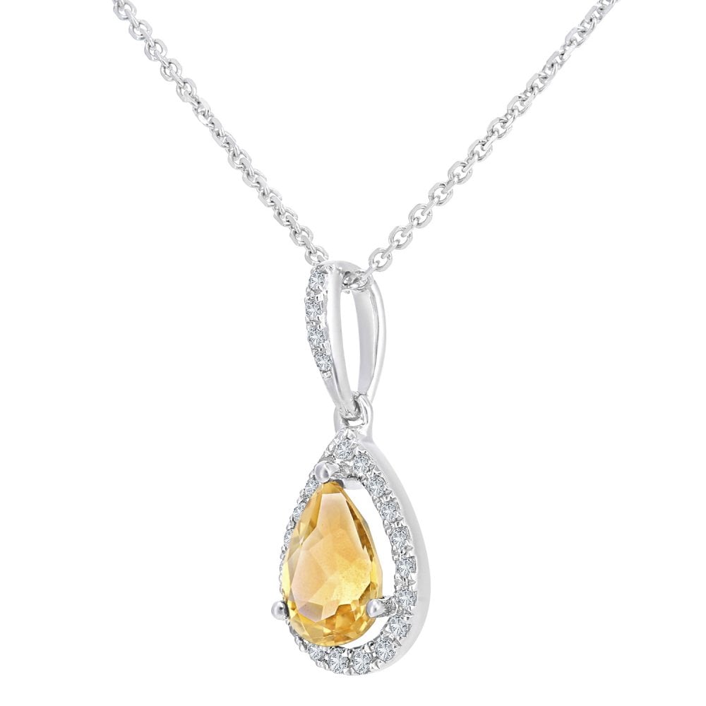 SPARKLD 9ct White Gold 0.08ct Diamond and Citrine Teardrop Pendant Necklace of Length 40cm