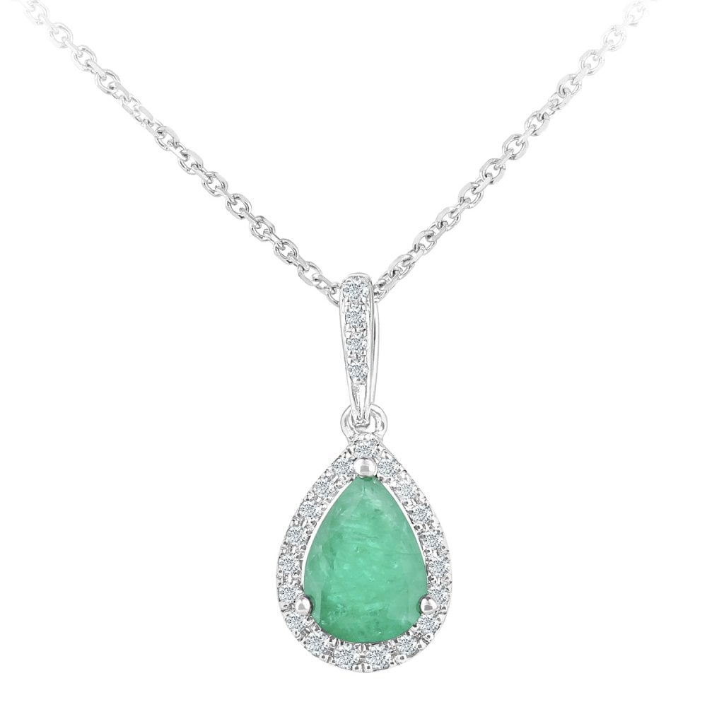 SPARKLD 9ct White Gold 0.08ct Diamond and Emerald Teardrop Pendant Necklace of Length 40cm