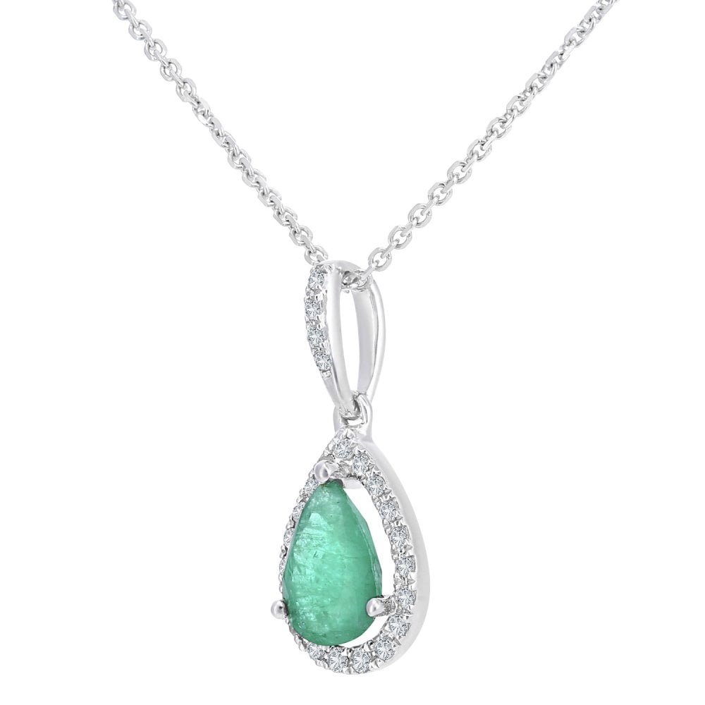 SPARKLD 9ct White Gold 0.08ct Diamond and Emerald Teardrop Pendant Necklace of Length 40cm
