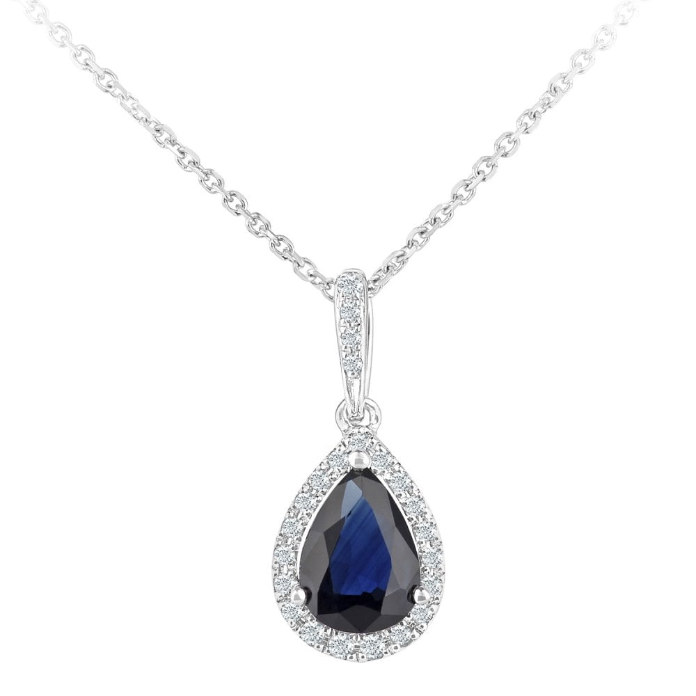 SPARKLD 9ct White Gold 0.08ct Diamond and Sapphire Teardrop Pendant Necklace of Length 40cm