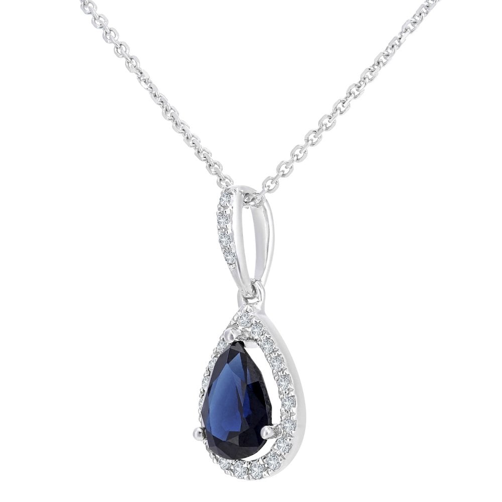 SPARKLD 9ct White Gold 0.08ct Diamond and Sapphire Teardrop Pendant Necklace of Length 40cm