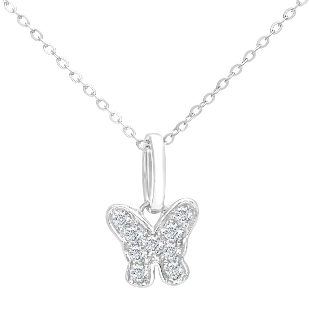SPARKLD 9ct White Gold 0.10ct Diamond Butterfly Pendant Necklace
