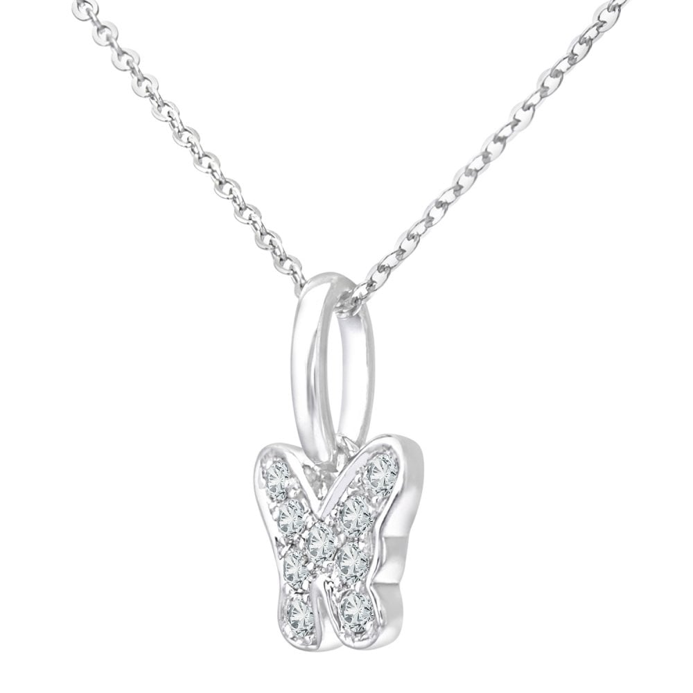 SPARKLD 9ct White Gold 0.10ct Diamond Butterfly Pendant Necklace