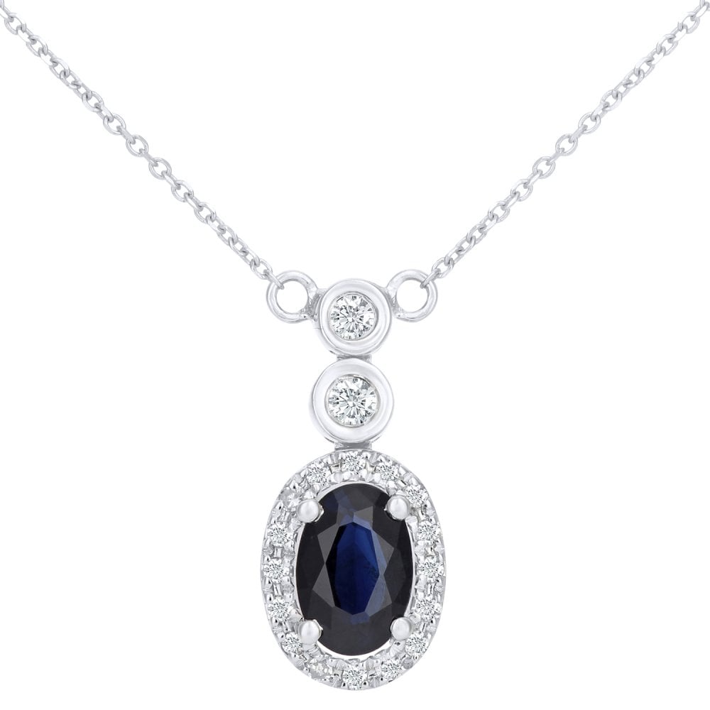 SPARKLD 9ct White Gold Oval Sapphire and 0.10ct Diamond Cluster Necklace
