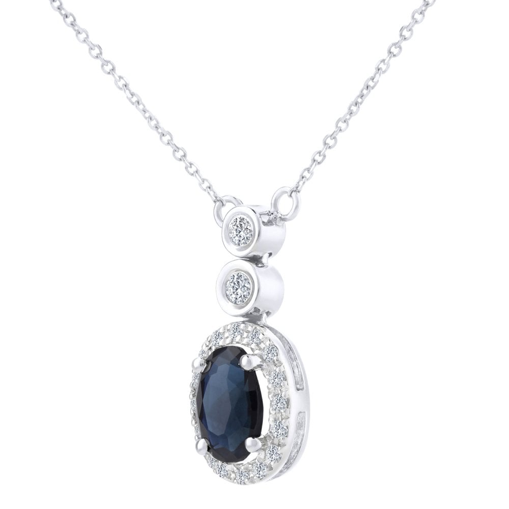 SPARKLD 9ct White Gold Oval Sapphire and 0.10ct Diamond Cluster Necklace