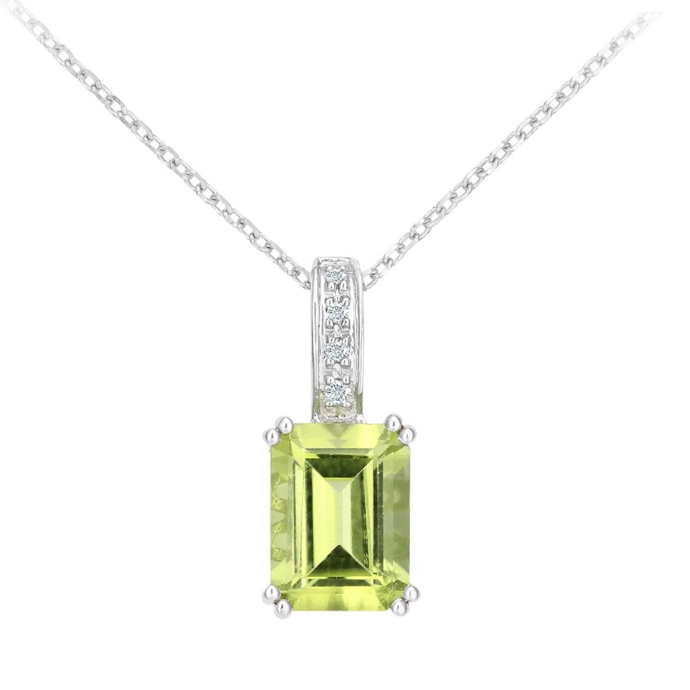 SPARKLD 9ct White Gold Octagon Peridot and 0.02ct Diamond Pendant Necklace
