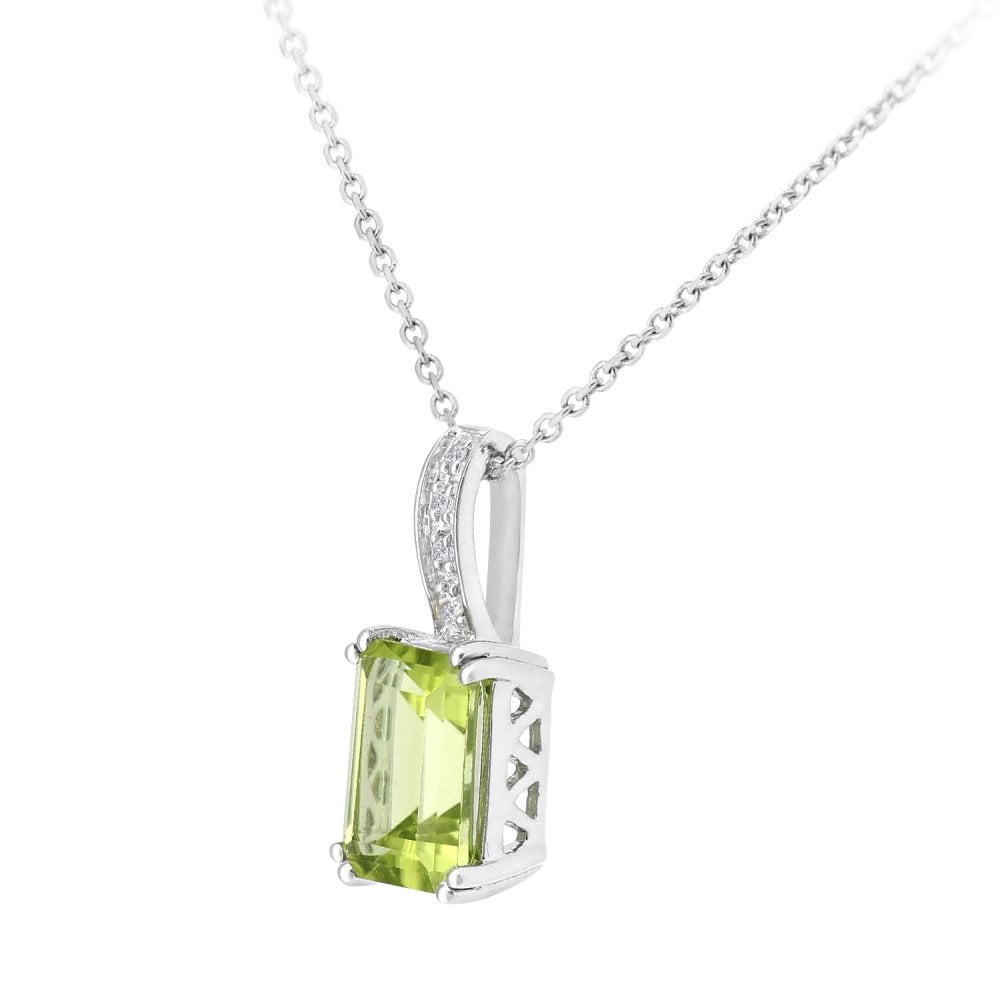 SPARKLD 9ct White Gold Octagon Peridot and 0.02ct Diamond Pendant Necklace