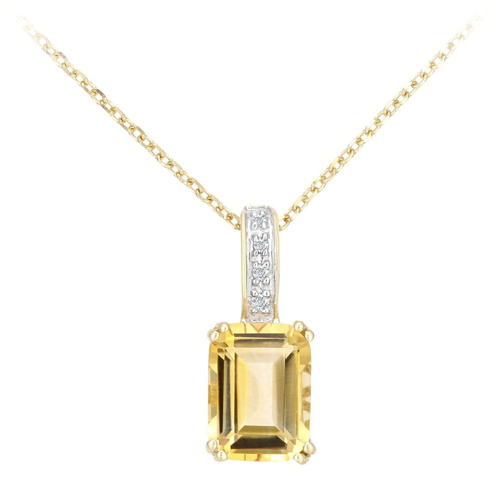 SPARKLD 9ct Yellow Gold Octagon Citrine and 0.02ct Diamond Pendant Necklace