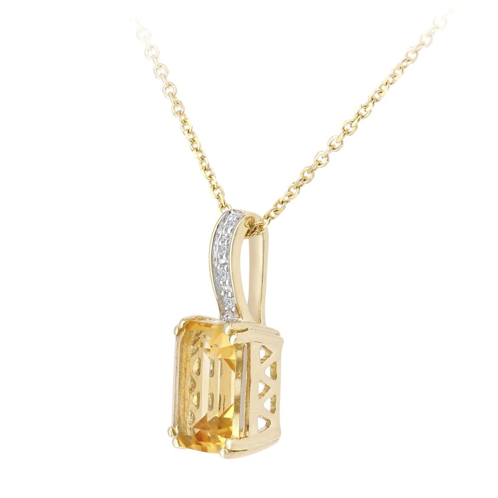 SPARKLD 9ct Yellow Gold Octagon Citrine and 0.02ct Diamond Pendant Necklace