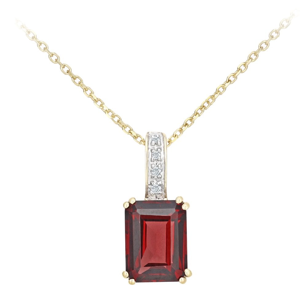 SPARKLD 9ct Yellow Gold Octagon Garnet and 0.02ct Diamond Pendant Necklace