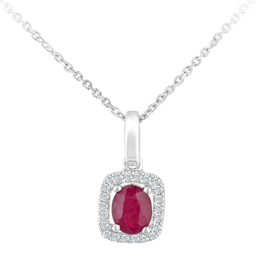 SPARKLD 9ct White Gold Oval Ruby and 0.05ct Diamond Cluster Pendant Necklace
