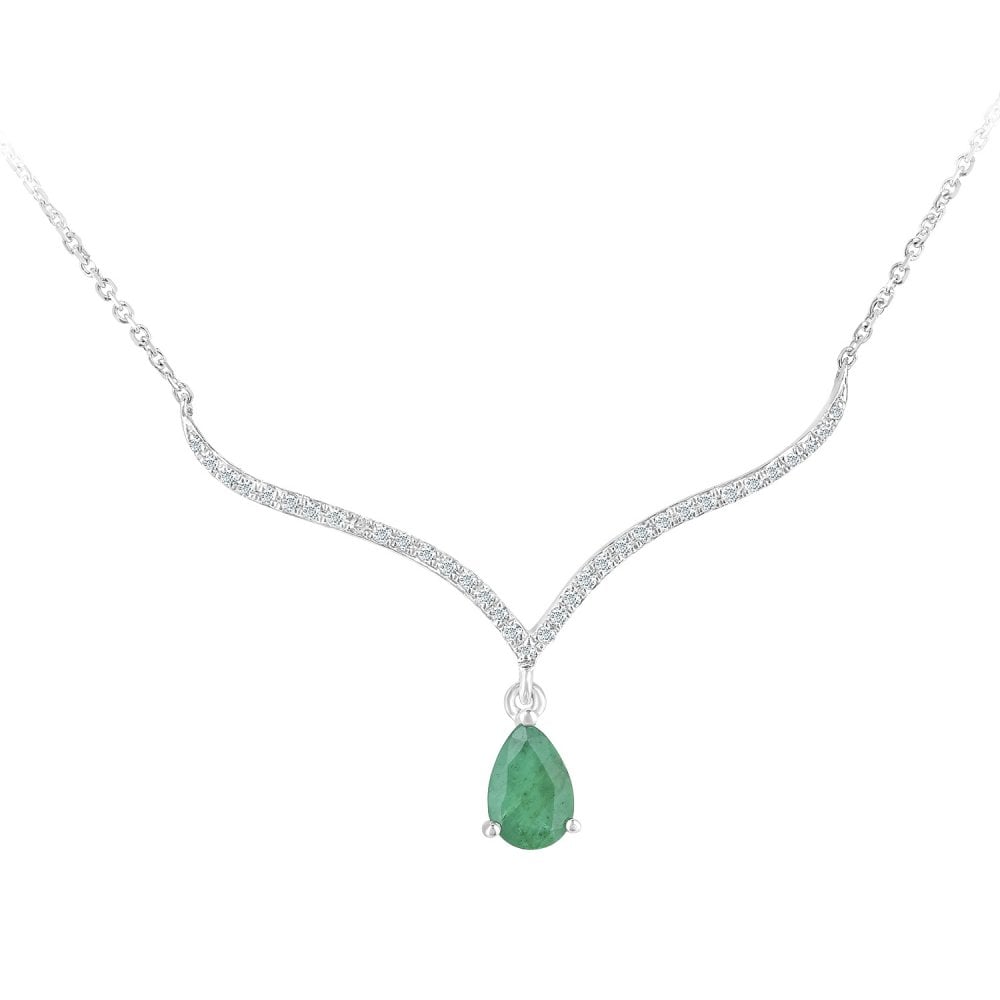 SPARKLD 9ct White Gold Pear Emerald and 0.10ct Diamond Wishbone Necklace