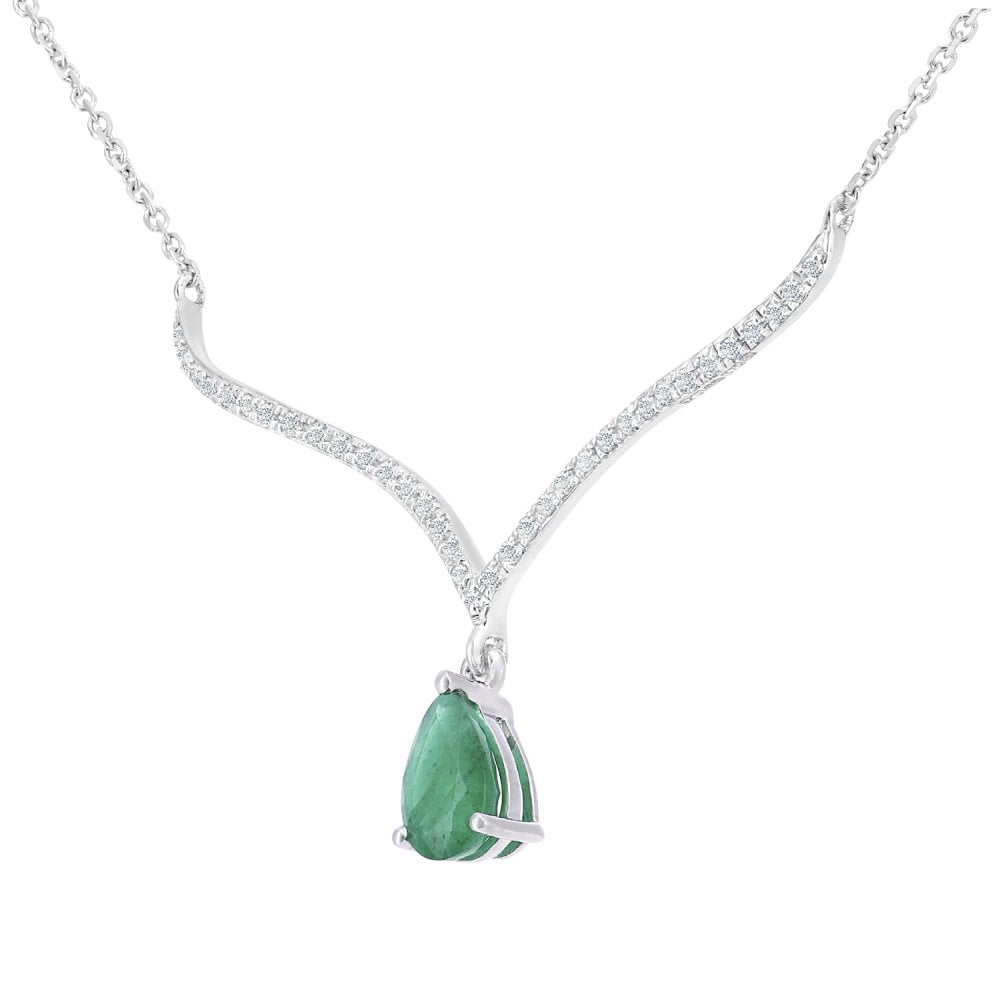 SPARKLD 9ct White Gold Pear Emerald and 0.10ct Diamond Wishbone Necklace